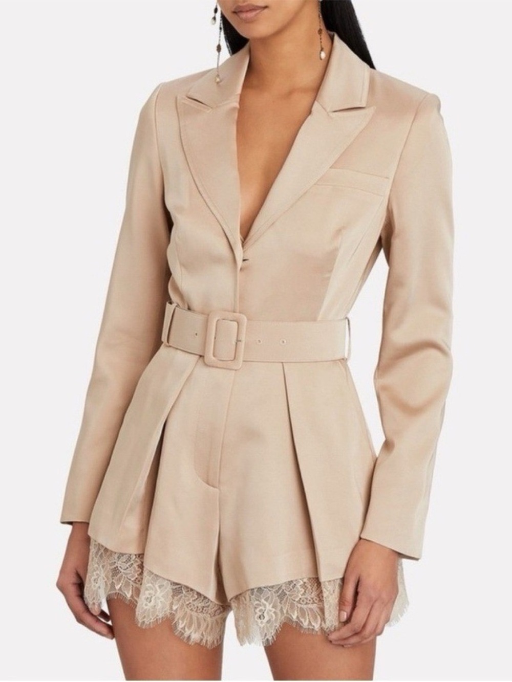 Self-Portrait Beige Satin Belted Lace-Hem Romper